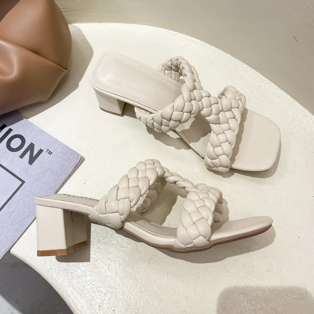 

Kiiyilala Weave Design Women High Heels Slippers 5cm Square Heel Outside Sexy Lady Shoe Open Toe Slip On Summer Sandal Drop Ship