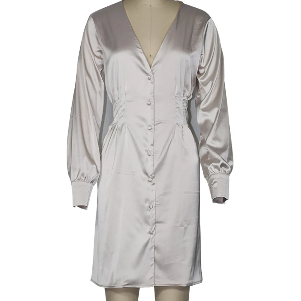 

Women Vintage Elegant Ladies Button Satin Shirt Dress Plus Size Sexy Deep V Neck Long Puff Sleeve Mini Cocktail Dress Robe