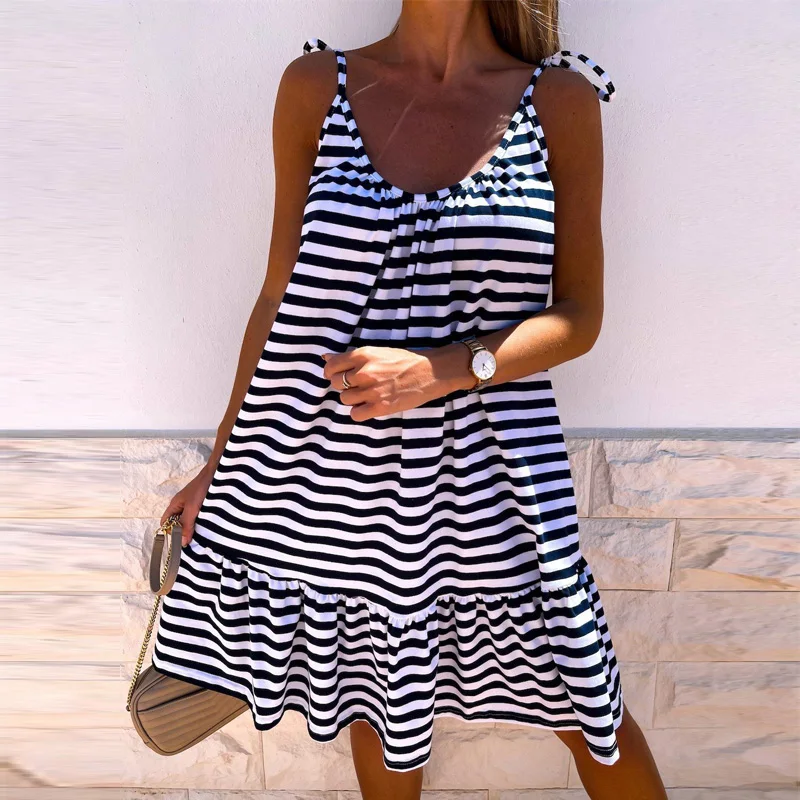 

Tie-Up Straps Summer Sleeveless Mini Dress Women Casual Striped Print Ruffle Loose Beach Dress Elegant O Neck Party Dresses Robe