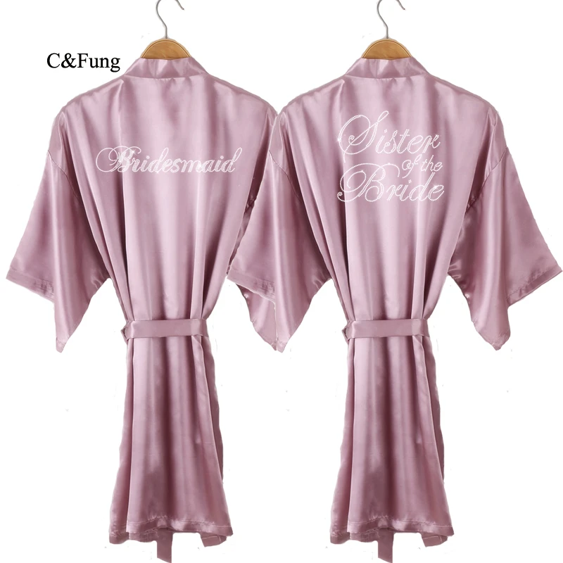 Женский Атласный халат C & Fung mauve Короткое Кимоно с блестками стразами и надписью