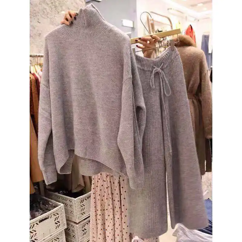 autumn winter turtleneck sweater and pullovers warm knitted 2 piece set elastic waist knit ants suit tracksuit loose | Женская одежда