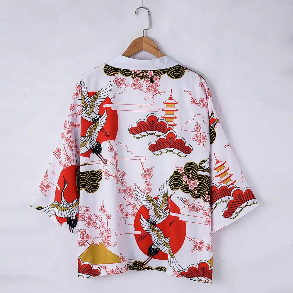 Кимоно с принтом журавль кимоно китайский халат унисекс японский тренд одежда в