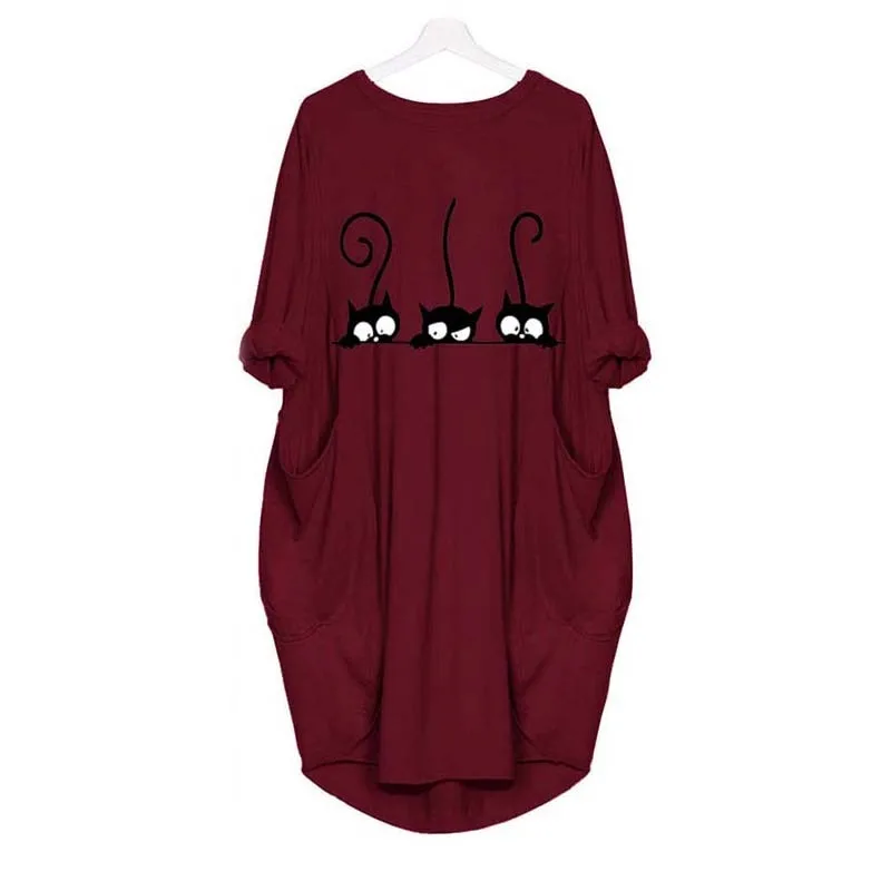 Осеннее платье для женщин с модным принтом кота круглым вырезом длинным рукавом