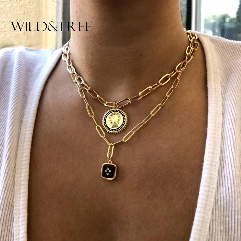 Wild& Free роскошный дизайн панк цепи геометрический кулон ожерелье Круглый колье ожерелье s для женщин модные золотые ювелирные изделия с чеканкой