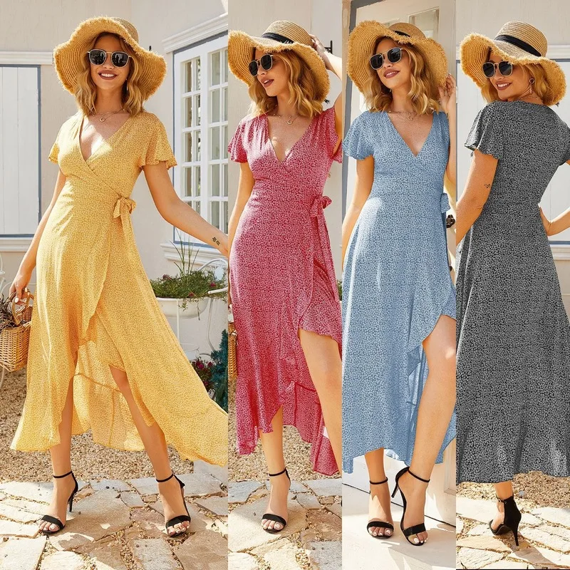 

Женское Хлопковое платье с цветочным принтом, повседневное длинное нечеткое платье с коротким рукавом, весна-лето 2021