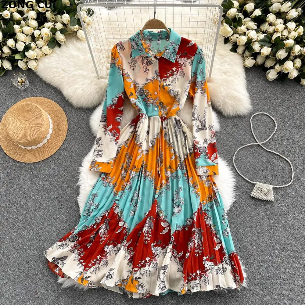 

Long Sleeve Dress Autumn New Women Turn Down Collar Button Floral Print Pleated Maxi Dress Vintage Chic Bohemian Shirt Dress