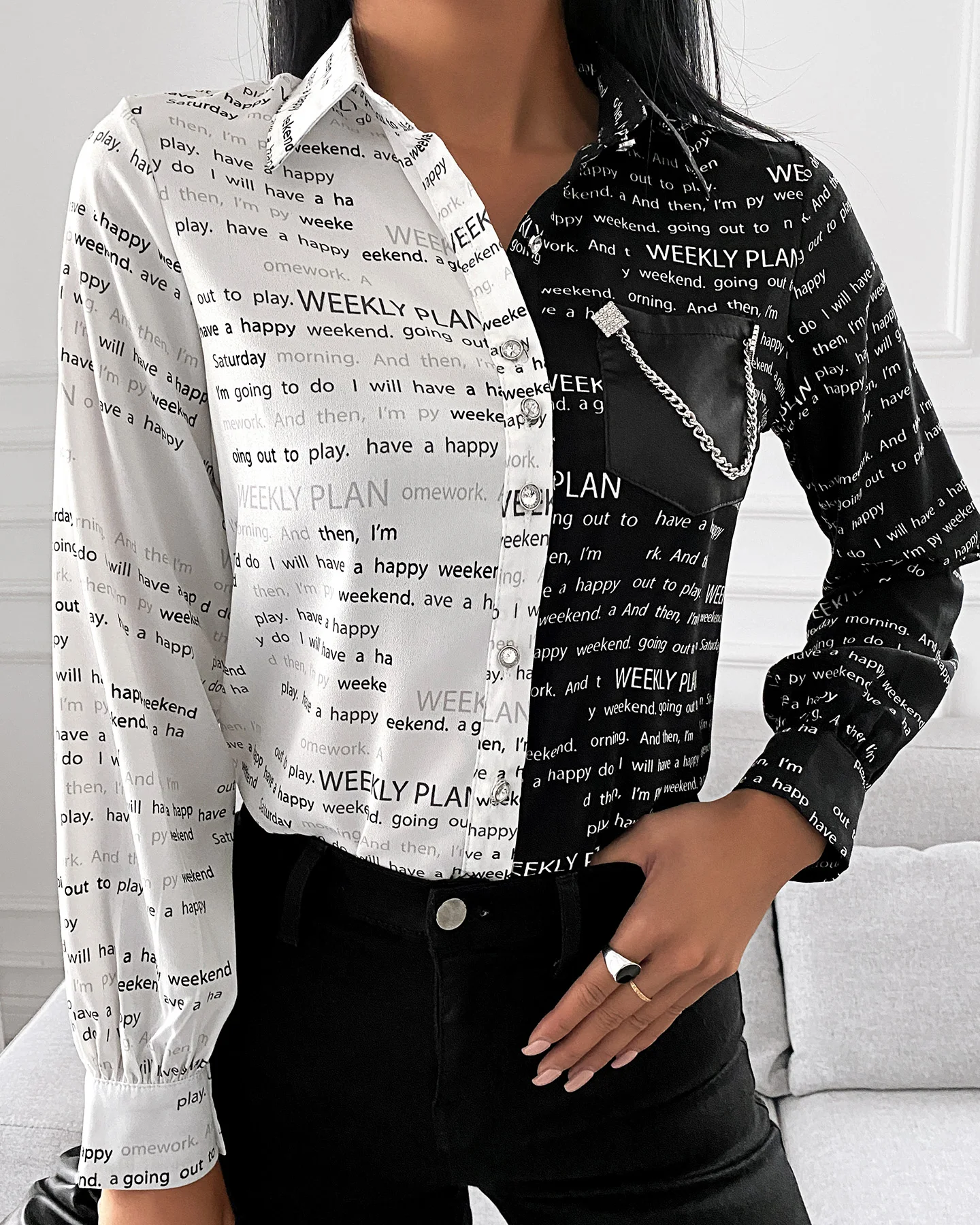 

Fashion Trend Women Slim V-neck Shirt Contrast Color Long-sleeved Top High-waist Tight-fitting Printing Spring Autumn Wear
