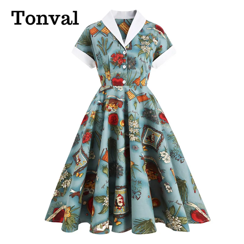 

Tonval Women Multicolor Print 50s Style Rockabilly Vintage Swing Dress Button Up Pinup Robe Female A-Line Midi Cotton Dress