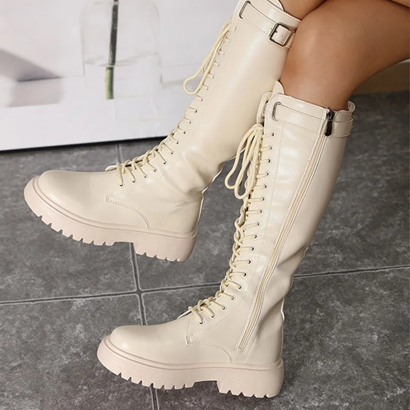 

Lace Up Women's Knee-High Boots Metal Belt Buckle Design Female Boots Elastic Tightness Warm Lining Thick-Soled Lady Flat Shoes