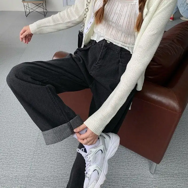 

Jeans Women Black Mopping High-waist Loose Ins New Simple Solid All-match Trouser Denim Retro Vintage Street Wear Chic