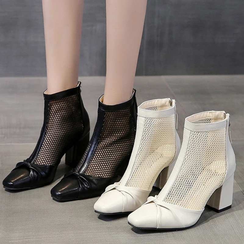 

Rimocy Hollow Out High Heels Ankle Boots Women Fashion Pu Leather Square Heel Sandal Woman Zipper Breathable Short Booties Mujer
