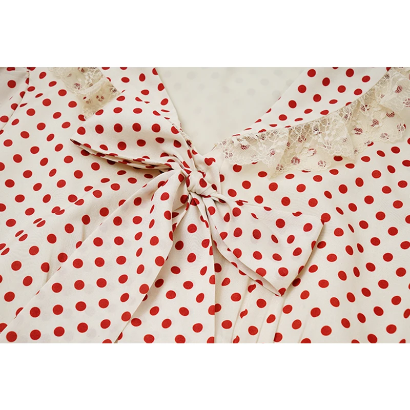 

2021 Summer Vintage Dot Print Dress Women Short Sleeve Sweet Bow Lace Up Dresses Female Casual Elegant Korean Ins Vestiods