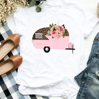 pink leopard truck happy camper print tshirt women kawaii clothes short sleeve print t shirt femme top summer fashion t shirt