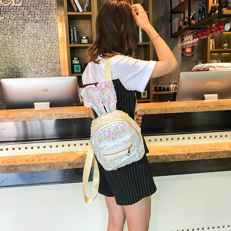 

Women Fashion Personality Sequin Bunny Ears Backpack Female Bag Colorful Trendy Travel Backpack Student PU Shopping Backpack