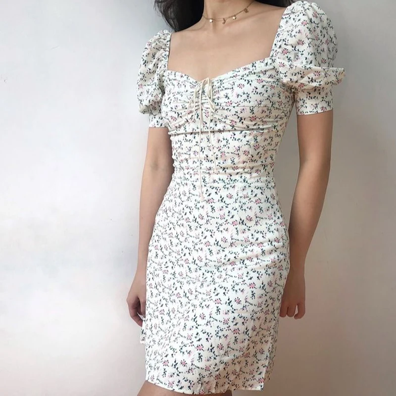 

Floral Print Puff Sleeve Staple Dress Women Summer Sundresses 2021 Fashion Casual Boho Square Collar Wrap Dress Sexy Mini