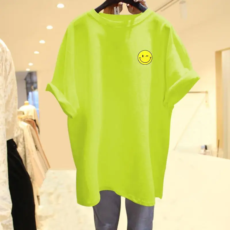 

Летняя женская хлопковая неоново-желтая футболка, Женская Повседневная Свободная футболка средней длины с коротким рукавом, модные уличны...