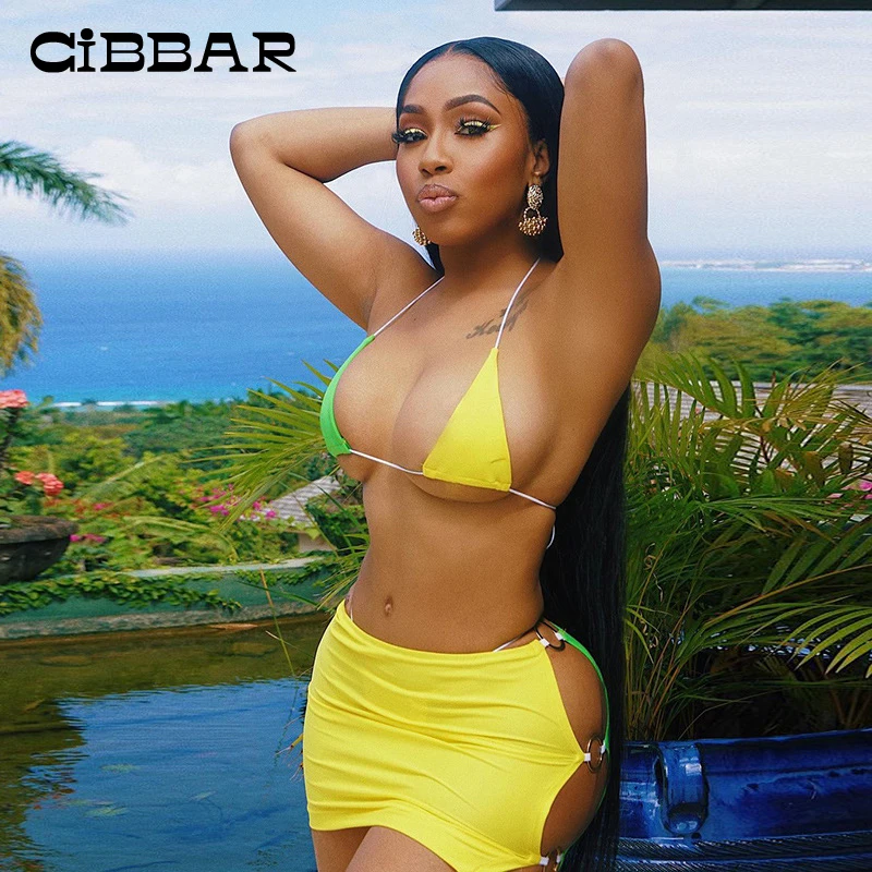 

CIBBAR Color Patchwork Summer Beach 3 Piece Sets Women Halter Top+Underpants+Skirt Matching Suits Sexy Casual Vacation Outfits