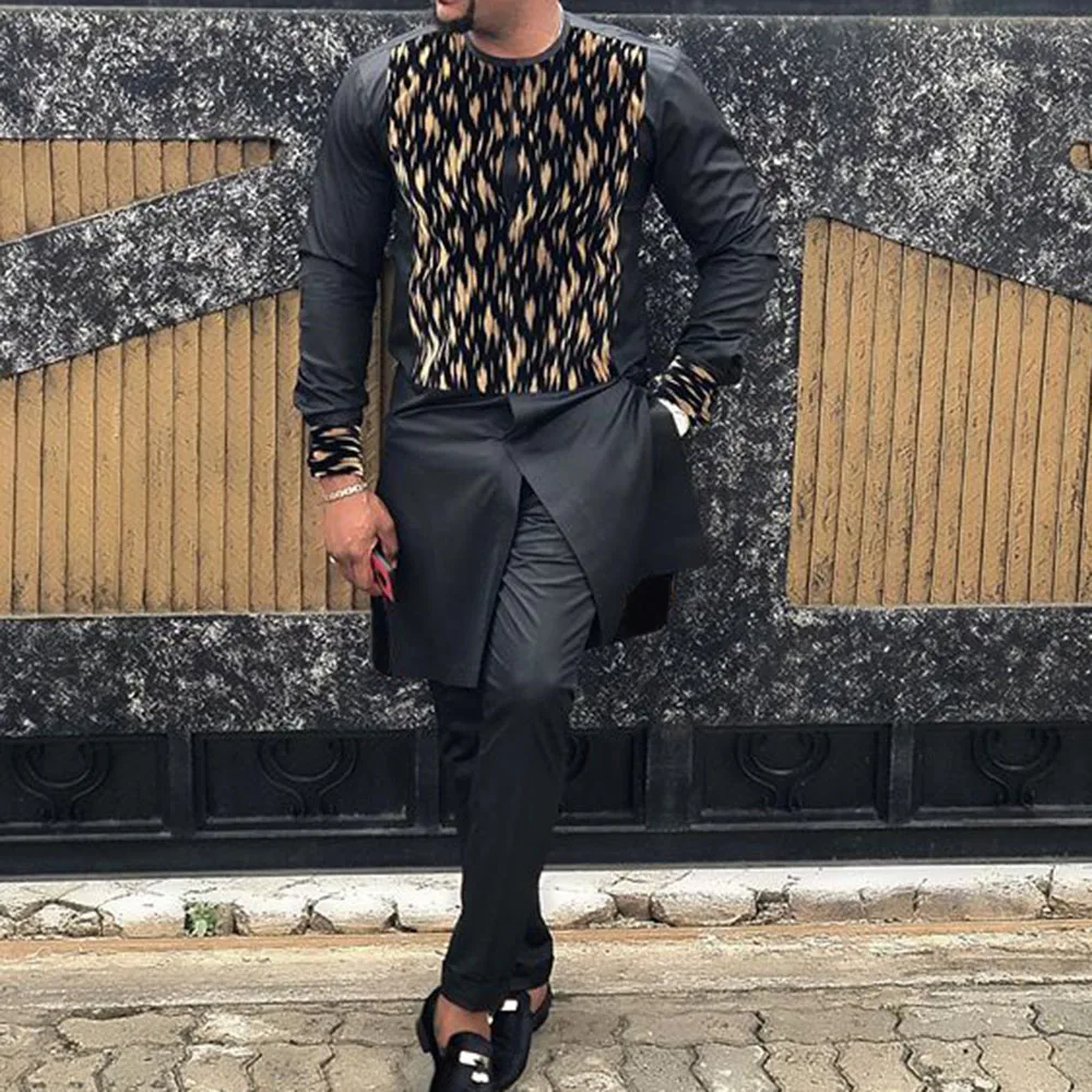 

2021 Men's Printed Dubai T-shirt Fashion Kaftan Long Sleeve African Dashiki Casual Men T Shirt 3XL Tops Black Spring Fashion Tee