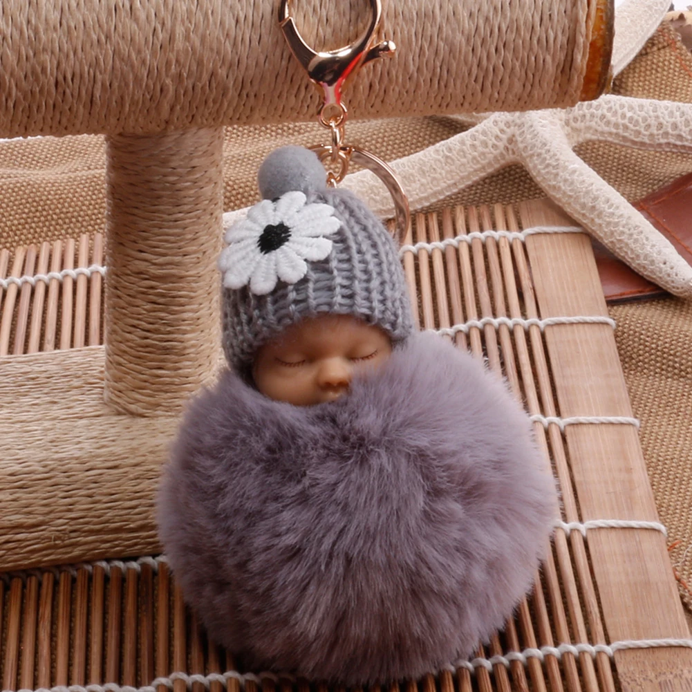 2021 New Cute Sleeping Baby Fluffy Pompom Plush Doll Hanging Pendant Key Ring Keychain/key ring Keychain HOT | Украшения и