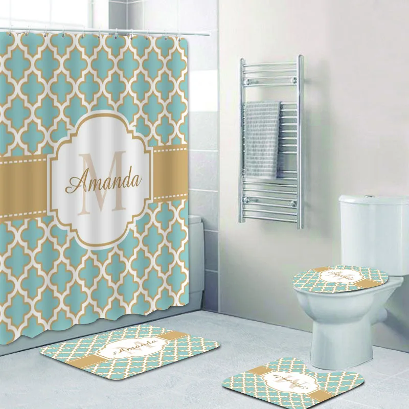 4PCS Moroccan Quatrefoil Pattern Shower Curtain Set Personalised Monogram Initial Bath for Bathroom Mats Rugs Decor Gift - купить по
