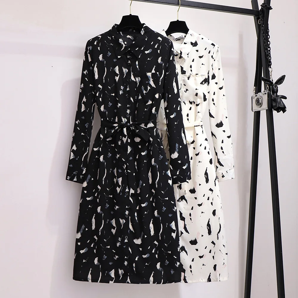 2XL ~ 6XL женское осеннее шифоновое платье большого размера с поясом на талии модное