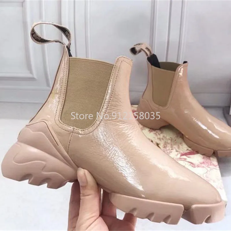 

Patent Leather Platform Ankle Boots Women Slip on Black Sneakers Runaway Origin Top Quality Luxury Brand Zapatos De Mujer 2020