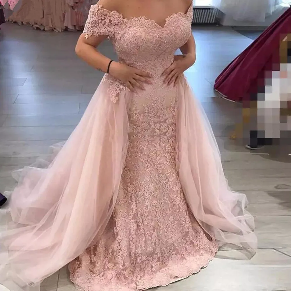 

Pink Evening Dresses Mermaid Off The Shoulder Tulle Appliques Lace Dubai Saudi Arabia Long Prom Dress Gown Robe De Soiree