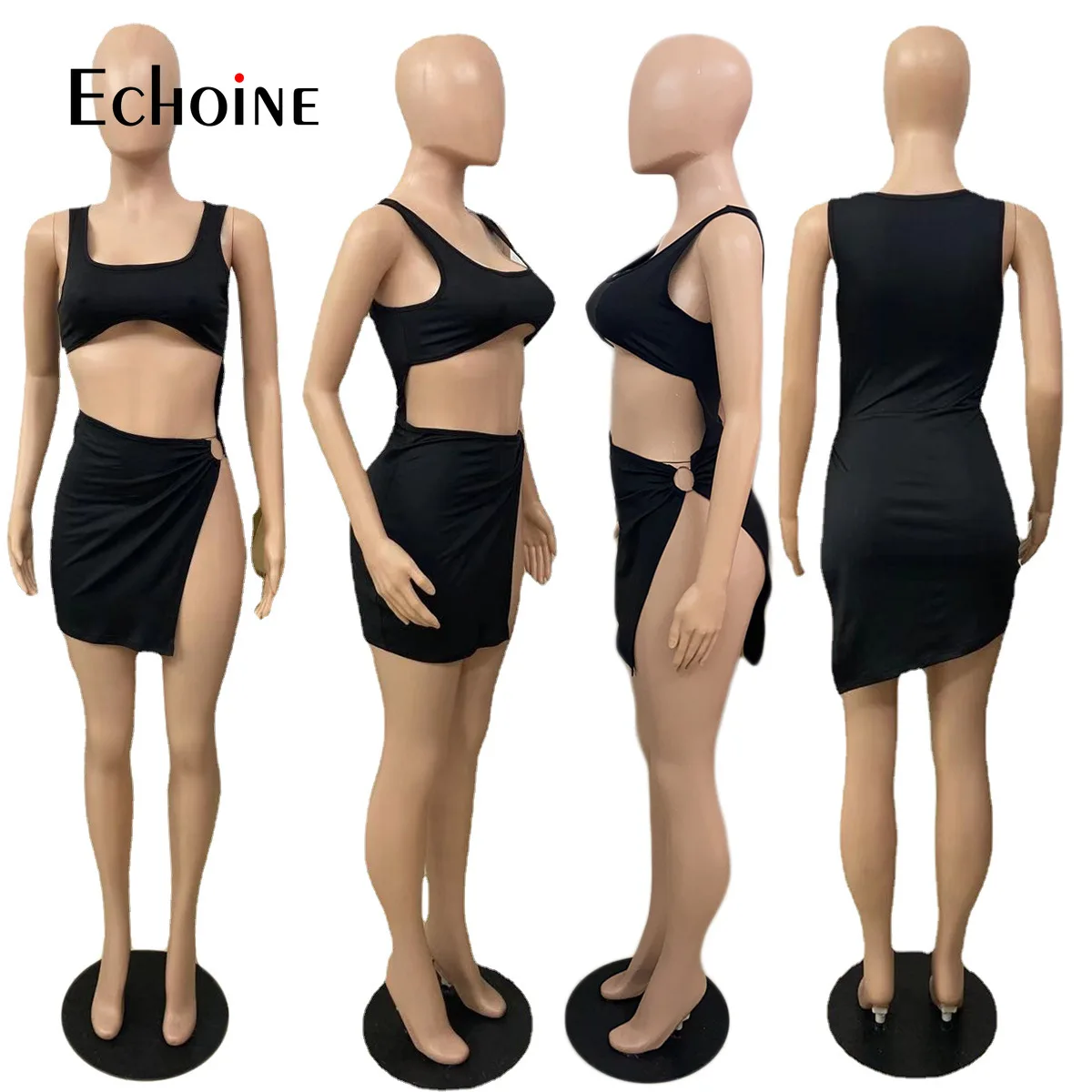 

Echoine Women Summer Solid Sexy Split cutout Hollow Out tank Dress Party Dresses Female irregular Elegant Night Club Mini Dresse