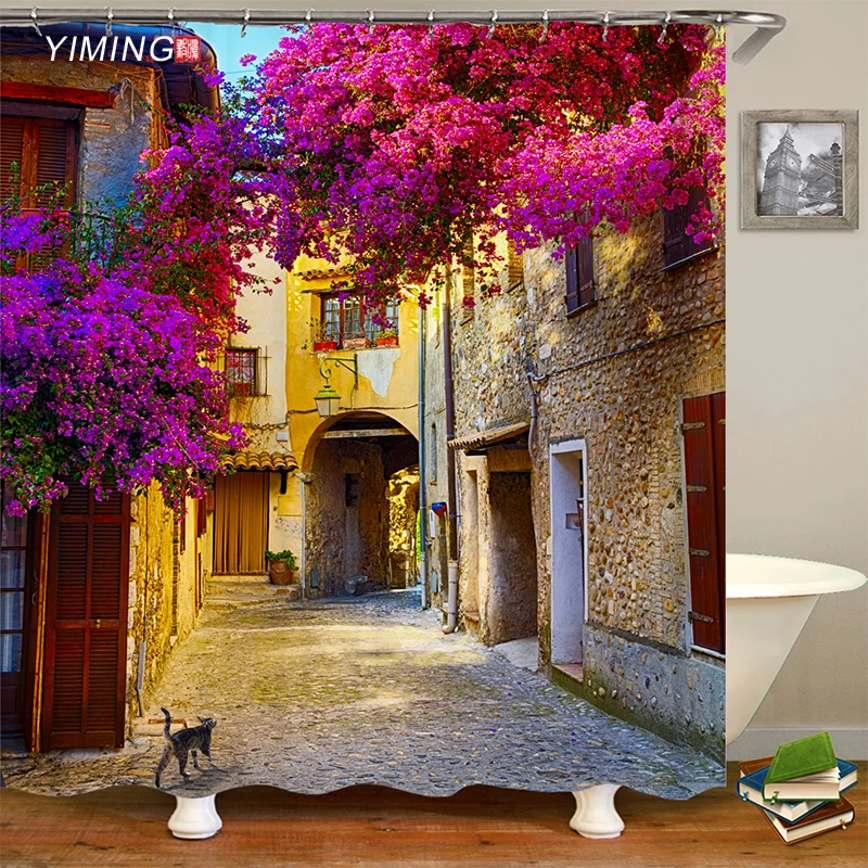 Занавеска из полиэстера водонепроницаемая с принтом в виде загородной улицы