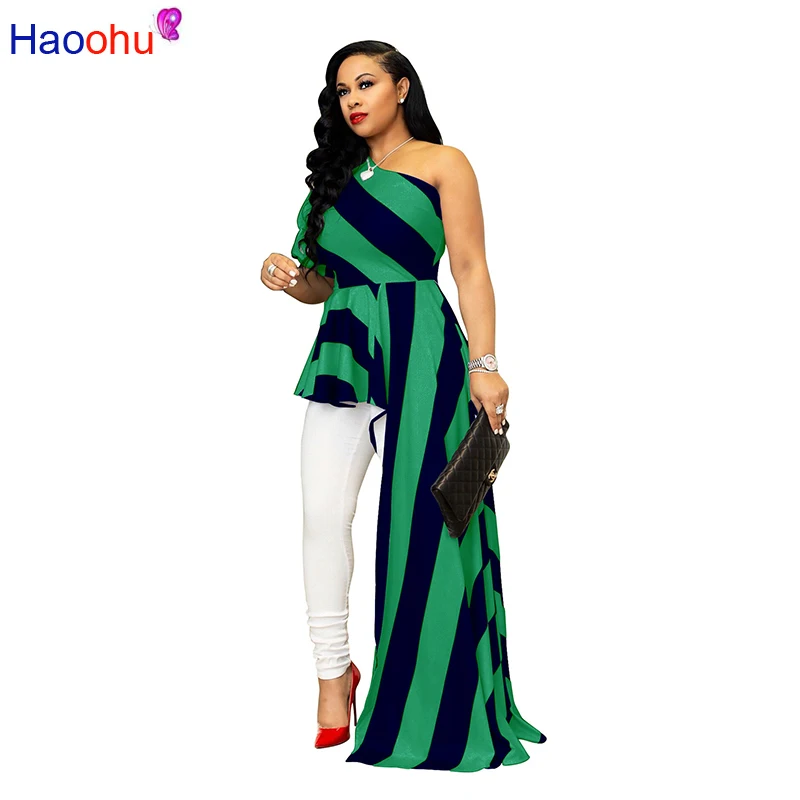 Женское асимметричное платье футболка HAOOHU Полосатое на одно плечо с рукавом до