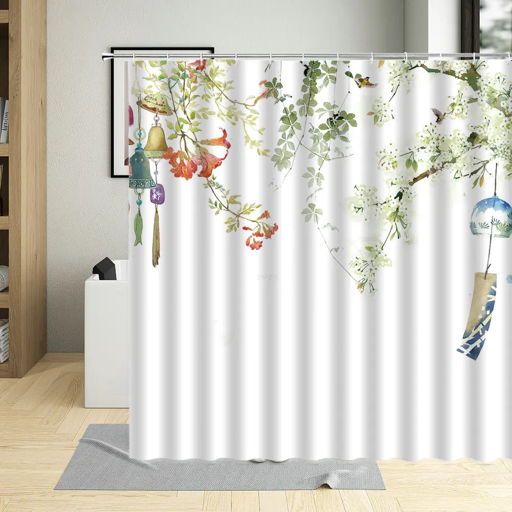 

Cute Floral Plant Peony Branch Leaves White Shower Curtain Waterproof Fabric Bathroom Curtains Pastoral Bathtub Decor With Hooks