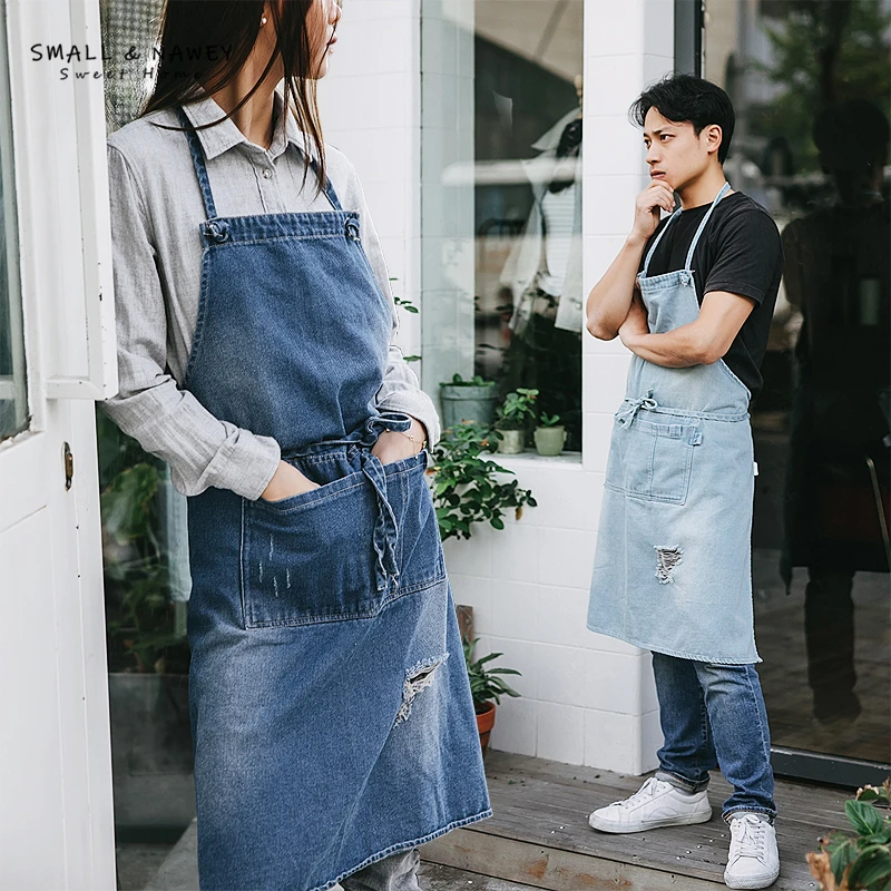 

GOOPEEG cotton thick denim retro old apron creative hole personality bib barista florist shop baking work clothes apron