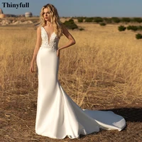 thinyfull simple soft satin mermaid wedding party dresses appliques lace princess wedding party gowns backless long bride dress