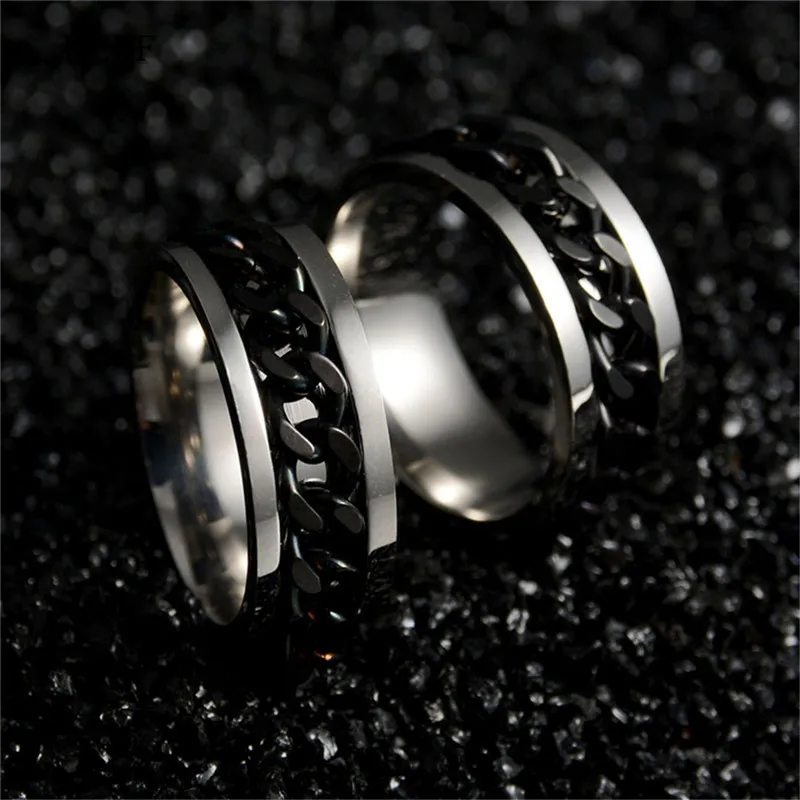 Uelf 8mm Cool Black Spinner Chain Ring for Men Tire Texture Stainless Steel Rotatable Links Punk Male Anel | Украшения и