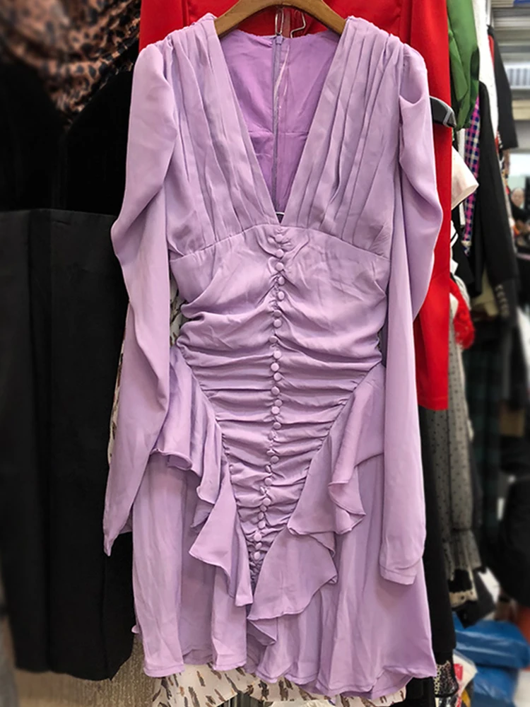 

Women's Slim Fit Pleated Single-Breasted Sexy Mini Dress 2020New Summer V-Neck Long Sleeve Ruffle Irregular Women's Dress XL