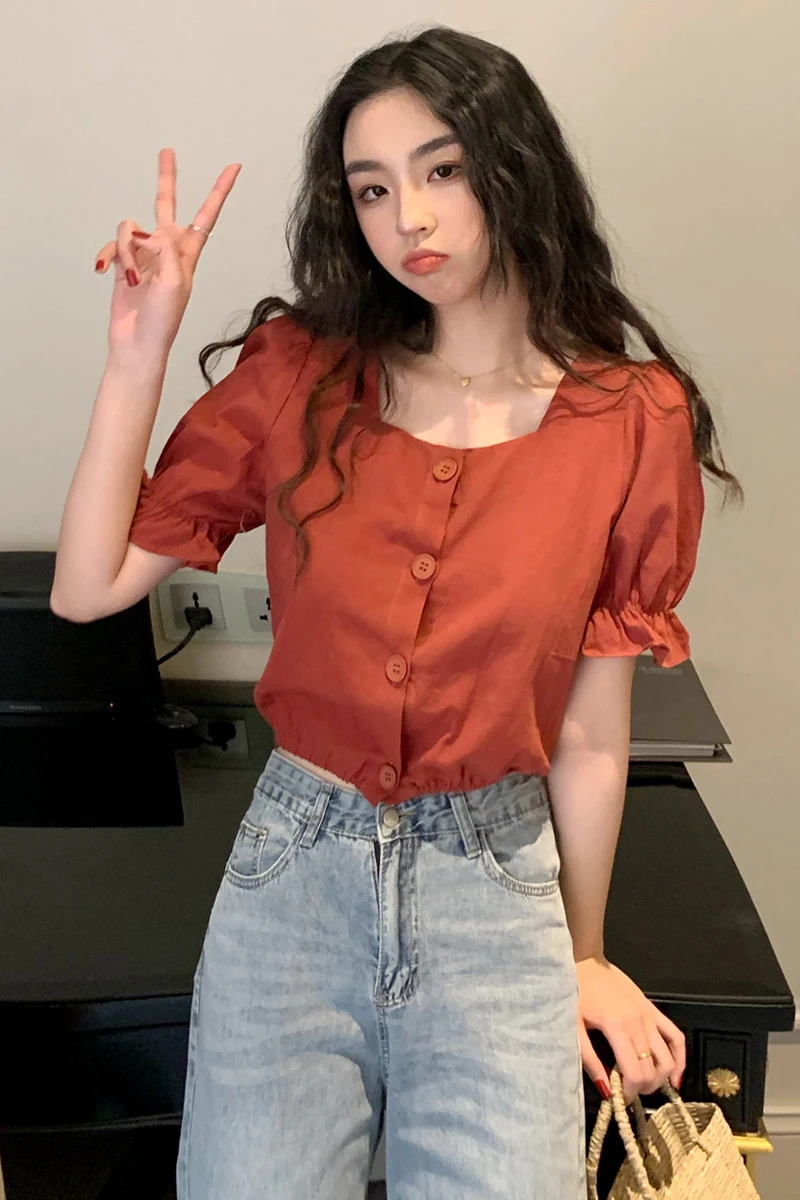 

Houthion Chiffon Slim Women's Blouses New Casual Blouse Fashion Short Sleeve Top Solid Color Square Collar Buttons Shirt Summer