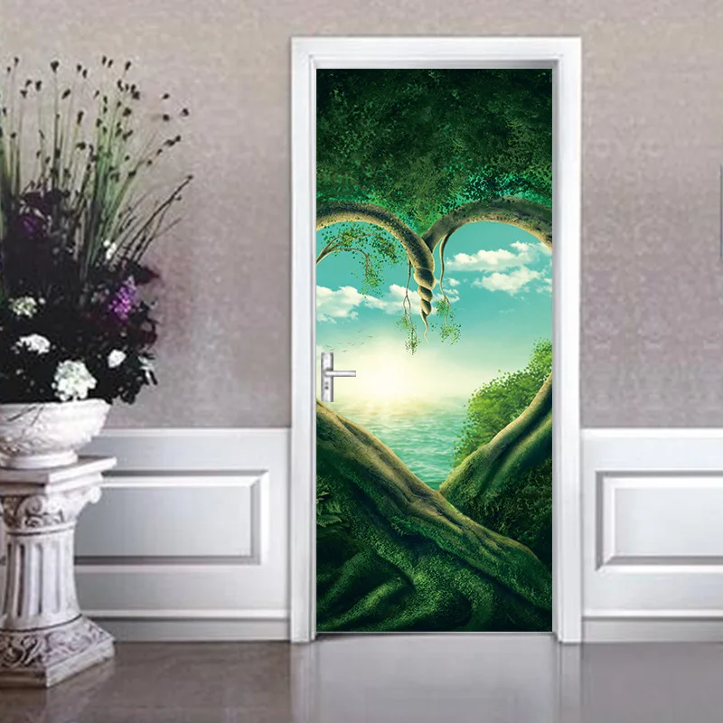 

Green Heart Plants Door Sticker PVC Self Adhesive Wallpaper Waterproof Renew Mural Decal
