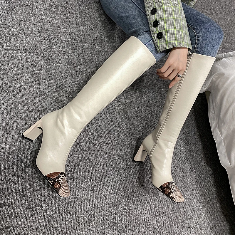 

Genuine Leather Knee High Boots For Women mixed colors aquare toe Fashion High Heels Boots Wedding Party Shoes Woman