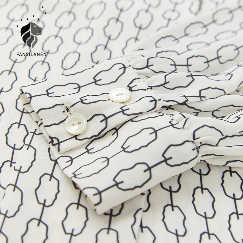 

FANSILANEN Geometric print chiffon blouse shirt Women lantern sleeve elegant white blouse top Female bandage vintage sexy shirt