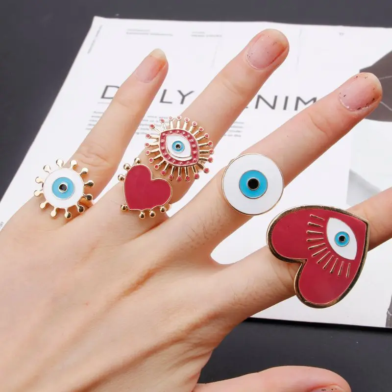 5 шт./компл. сердце Эмаль с клипсами Дурной глаз открытая группа Для женщин кольца