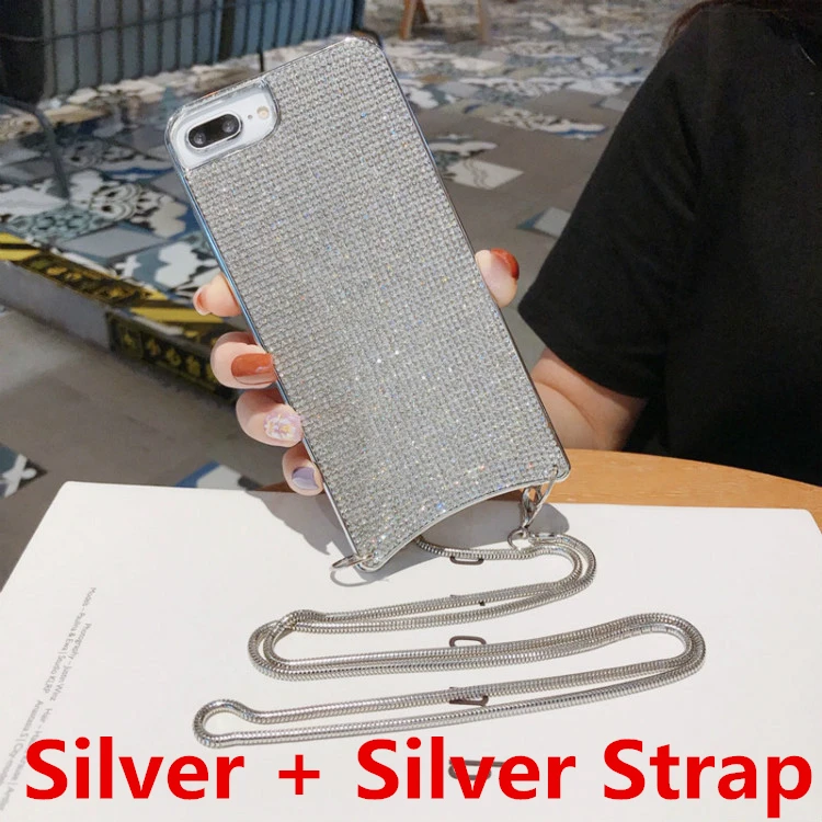 Блестящие стразы, Алмазный чехол через плечо для iPhone XS MAX XR X 6 8 7 Plus 11 Pro, Женский чехол с длинным ремешком и металлической цепочкой - Цвет: Silver 2