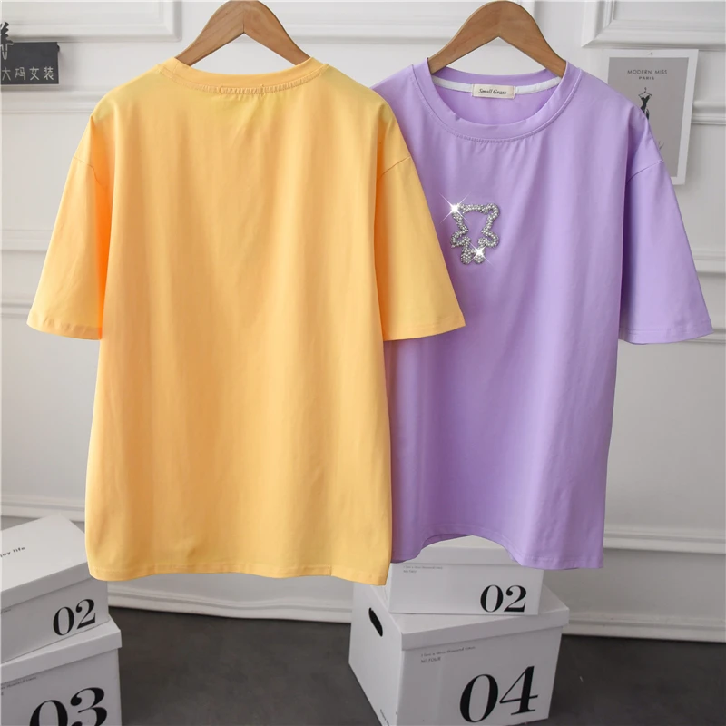 

2021 Summer Korean Simple Half Sleeve Cotton Round Neck Ladies Tee Loose Decorative Slim Short Sleeve T-shirt Fashion Simple Top
