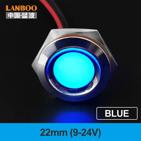 22mm-Blue(9-24V) LANBOO 16 мм, 19 мм, 22 мм, красный, зеленый, желтый, синий, 12 В, 24 В, 110 В, 250 В, светодиодный металлический индикатор, лампа, индикатор, светильник, одна лампа, водонепроницаемая - Цвет: 22mm-Blue(9-24V)