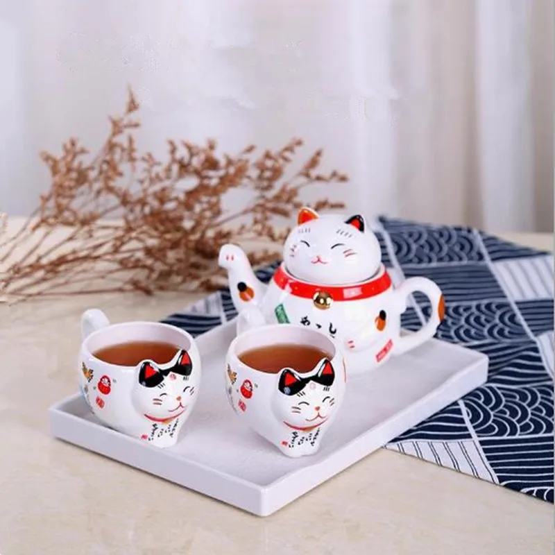 Cute Lucky Cat Porcelain Tea Set Creative Maneki Neko Ceramic Cup Pot With Strainer Lovely Plutus Teapot | Дом и сад