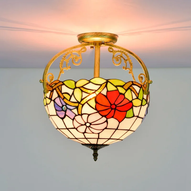 

30cm European-Style Vintage Pastoral Morning Glory Colorful Glass Restaurant Bedroom Corridor Corridor Glass Semi-Ceiling