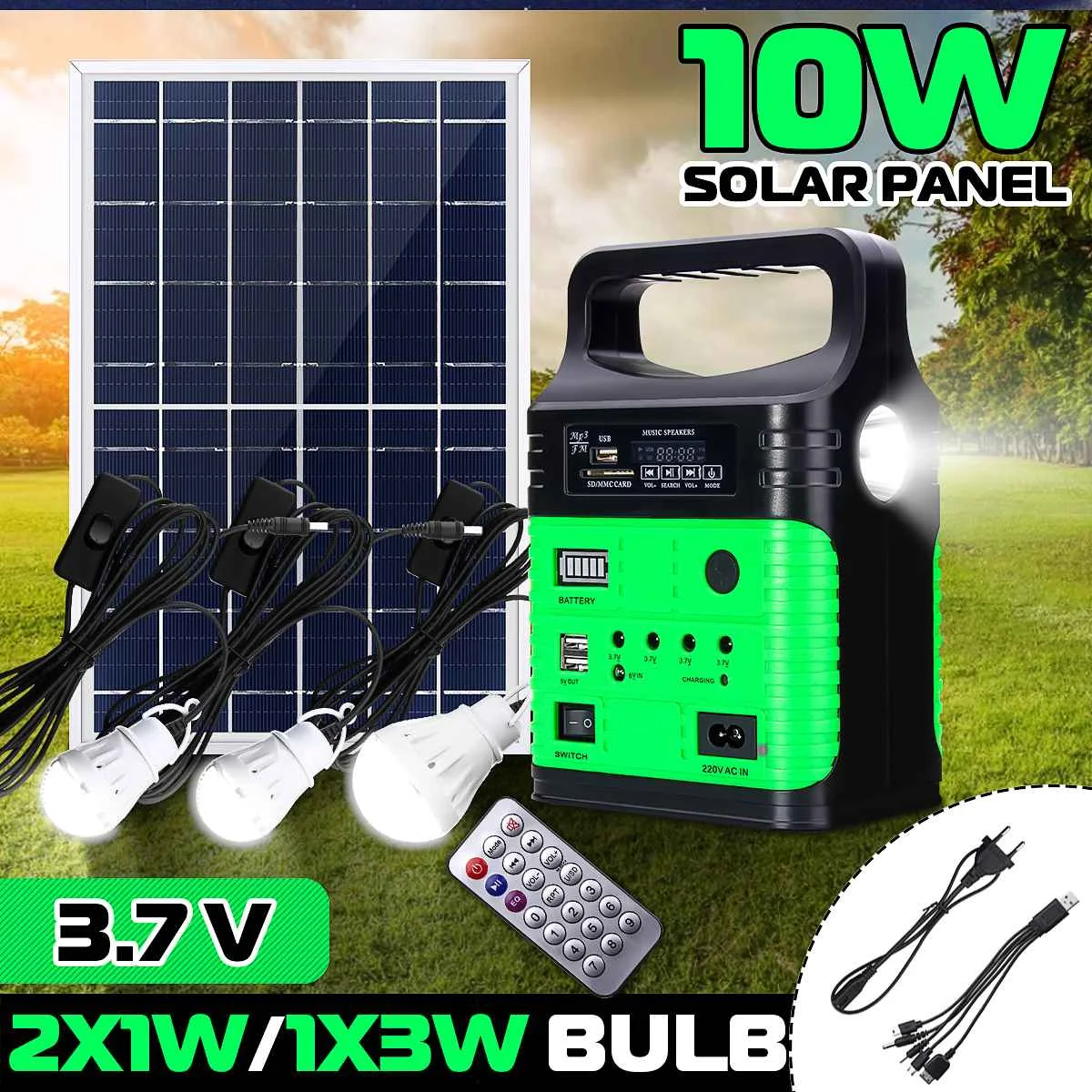 

NEW 10W Portable Solar Generator Outdoor Power Mini DC6V Solar Panel 6V-9Ah Lead-acid Battery Charging LED Lighting System