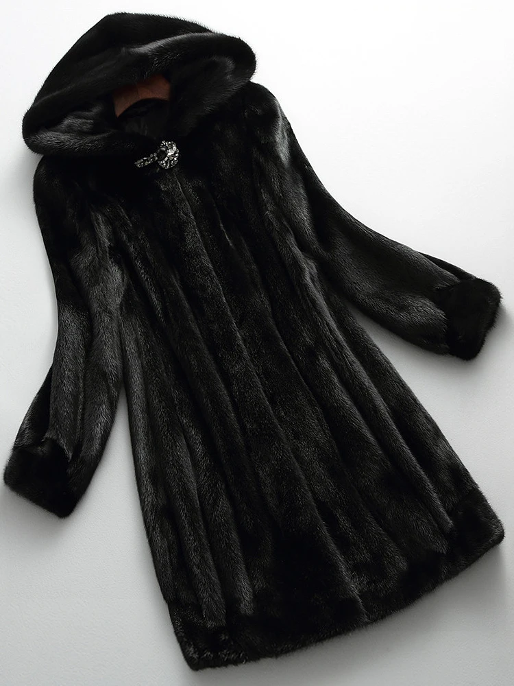 Lautaro Winter Luxury Long Black Faux Mink Fur Coat Women with Hood Long Sleeve Elegant Thick Warm Fluffy Furry Jacket 6xl 7xl