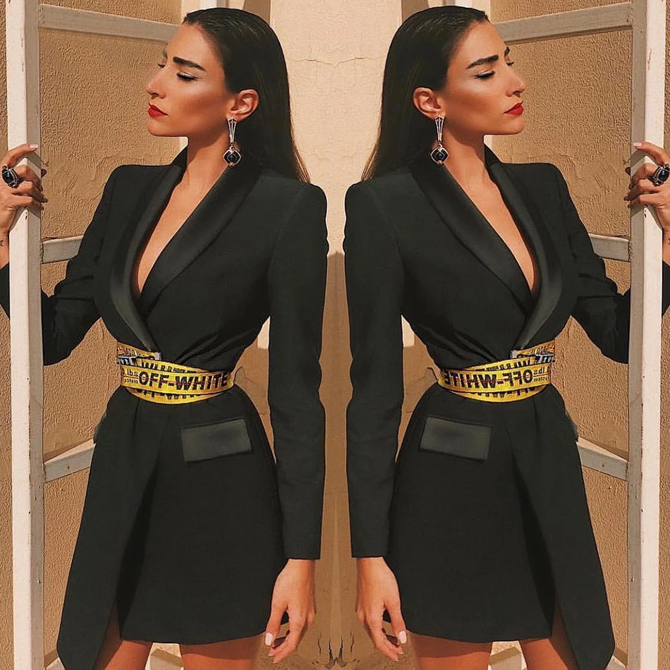 

Autumn new Christmas lady Slim black windbreaker jacket single button long sleeve belt fashion sexy party coat Vestidos