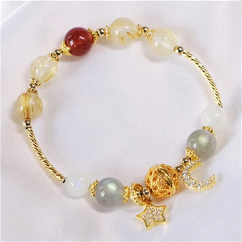 Gold color Браслеты и браслеты из натурального камня, хрустальные бусины, браслеты для женщин, лунный камень, цитрин, клубника, кварц, 925 серебряные ювелирные изделия - Цвет камня: Gold color
