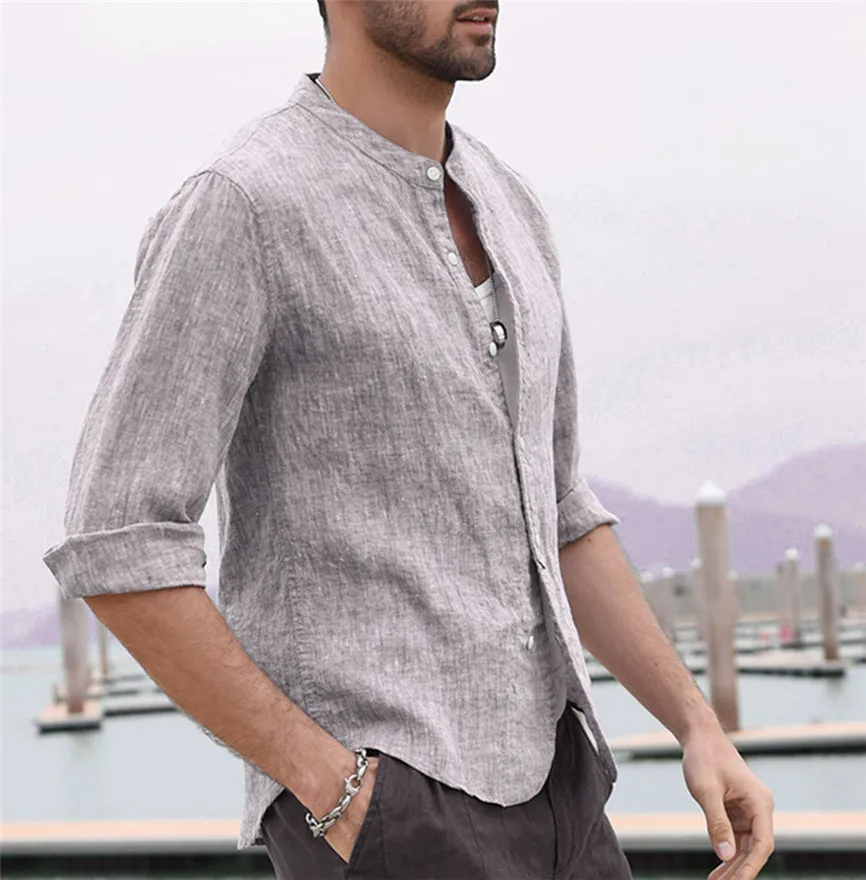 Mandarin Collar Mens Shirts Men Three Quarter Vintage Linen Solid Short Sleeve Retro Tops Blouse Dress Shirt | Мужская одежда
